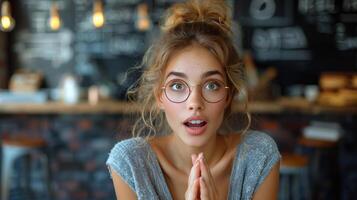 Woman With Glasses Making a Surprised Face photo