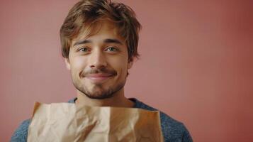 Man Holding Bag of Food in Kitchen photo