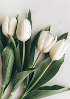 grupo de blanco tulipanes con verde hojas foto