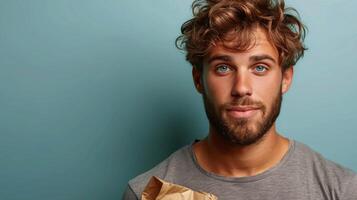 Man Holding Bag of Food in Kitchen photo