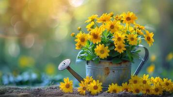 Watering Can Filled With Yellow Flowers photo