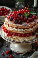 Triple Layer Cake With Fresh Berries and Whipped Cream photo