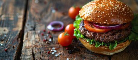 Hamburger on Wooden Table photo