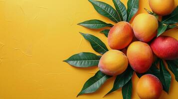 Row of Peaches With Leaves on Yellow Background photo