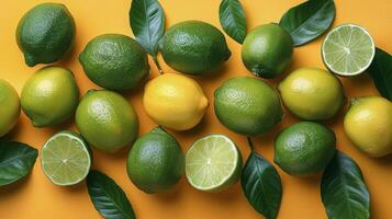 Group of Limes With Leaves on Yellow Background photo