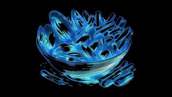 neon telaio effetto moules patatine fritte, un' classico belga piatto, incandescenza, nero sfondo. video