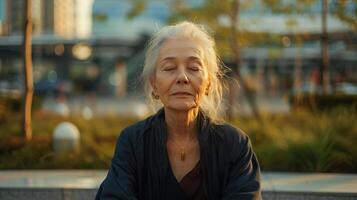 Woman Sitting on Bench With Eyes Closed photo