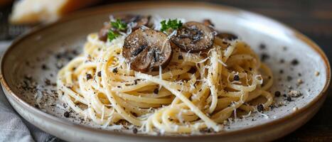Plate of Pasta With Mushrooms and Parmesan Cheese photo