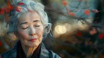 Woman Sitting on Bench With Eyes Closed photo