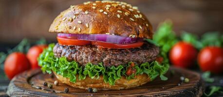 hamburguesa con lechuga, tomate, y cebolla foto