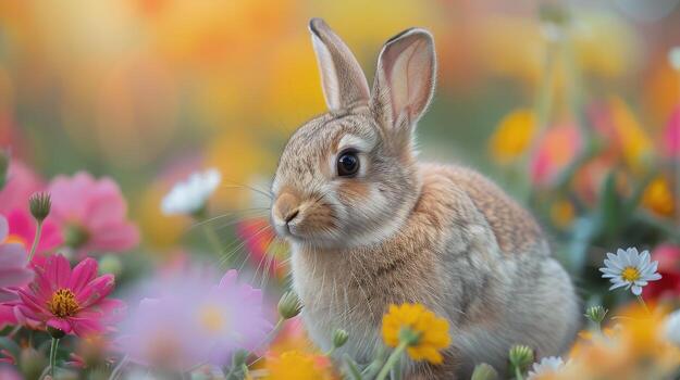 Rabbit Sitting in Field of Flowers photo
