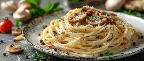 Plate With Spaghetti and Mushrooms photo