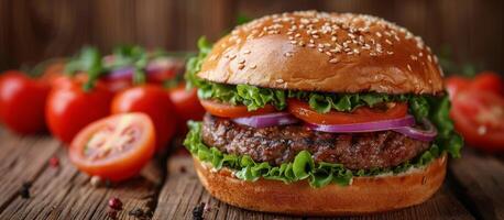 Hamburger With Lettuce, Tomato, and Onion photo