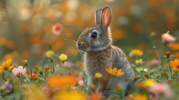 Rabbit Sitting in Field of Flowers photo