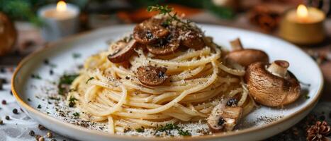 Plate With Spaghetti and Mushrooms photo