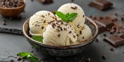 Bowl Filled With Ice Cream and Chocolate Chips photo