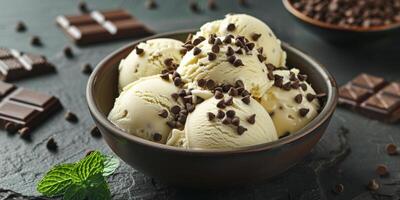 Bowl Filled With Ice Cream and Chocolate Chips photo