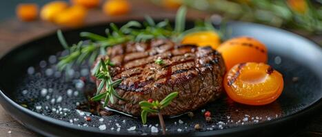 Steak and Oranges on Plate photo