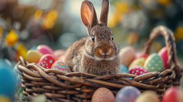Rabbit Sitting in Basket of Eggs photo
