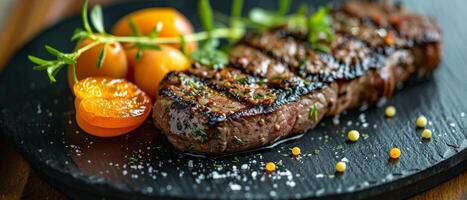Steak and Oranges on Plate photo