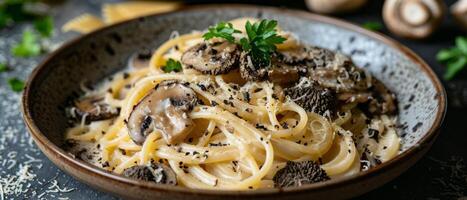 Plate of Pasta With Mushrooms and Basil photo