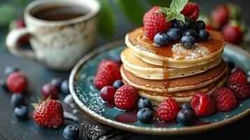Stack of Pancakes Topped With Berries and Syrup photo