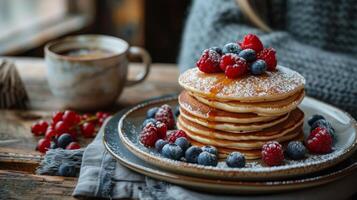 Stack of Pancakes Topped With Berries and Powdered Sugar photo