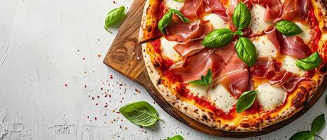 Meat and Cheese Pizza on Cutting Board photo