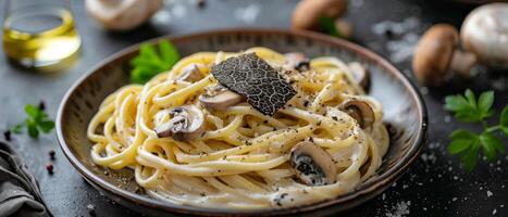 Plate of Pasta With Mushrooms and Basil photo
