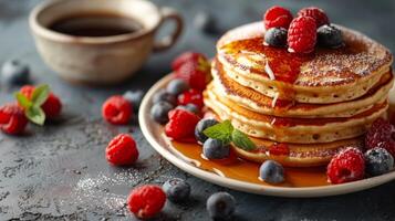 Stack of Pancakes Topped With Berries and Powdered Sugar photo
