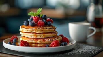 Stack of Pancakes Topped With Berries and Syrup photo