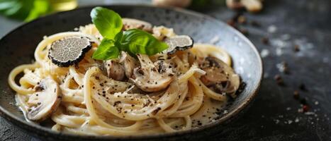 Plate of Pasta With Mushrooms and Basil photo