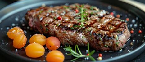 Steak and Oranges on Plate photo
