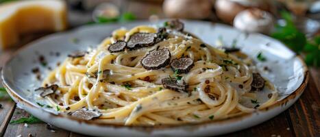 Plate of Pasta With Mushrooms and Basil photo