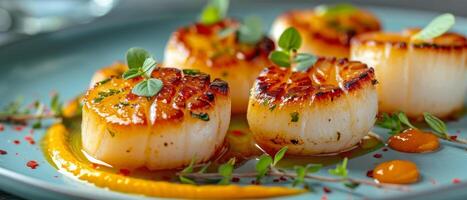 Scallops Topped White Plate With Sauce photo