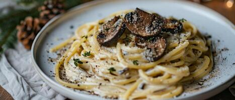 Plate of Pasta With Mushrooms and Parmesan Cheese photo