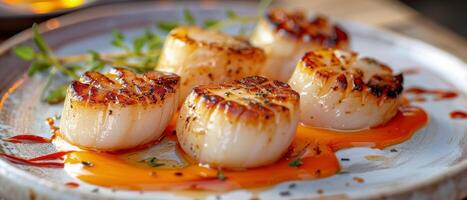Scallops Topped White Plate With Sauce photo