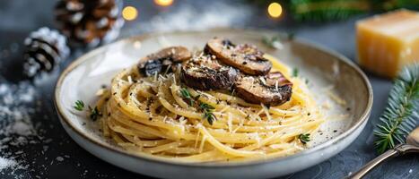 Plate of Pasta With Mushrooms and Parmesan Cheese photo