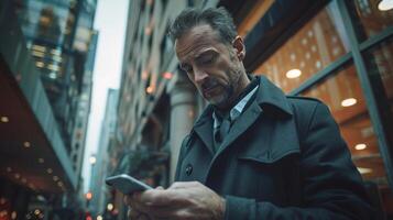 Man in Trench Coat Looking at Cell Phone photo