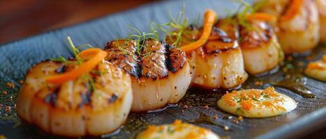 Scallops Topped White Plate With Sauce photo