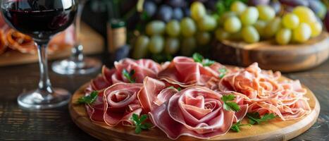 Platter of Meats and Cheeses With a Glass of Wine photo