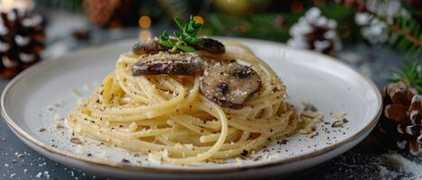 Plate of Pasta With Mushrooms and Parmesan Cheese photo