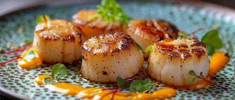 Scallops Topped White Plate With Sauce photo