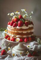 Three Layer Cake With Strawberries and Daisies photo