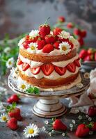 Three Layer Cake With Strawberries and Daisies photo
