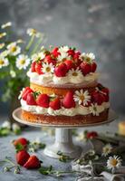 Three Layer Cake With Strawberries and Daisies photo