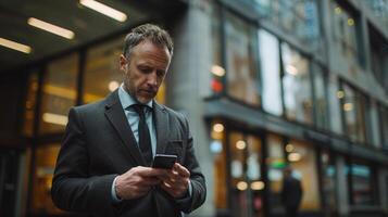 Man in Trench Coat Looking at Cell Phone photo