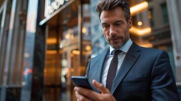 Man in a Suit Looking at a Cell Phone photo