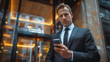 Man in a Suit Looking at a Cell Phone photo