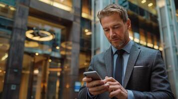 Man in a Suit Looking at a Cell Phone photo